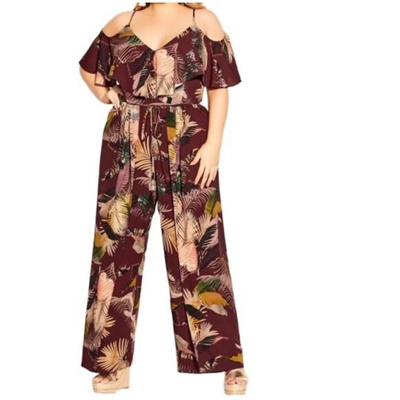 City Chic Tropic Heat Tropical Flowy Burgundy Wrap Wide Leg Jumpsuit Sz 16 - Picture 1 of 6